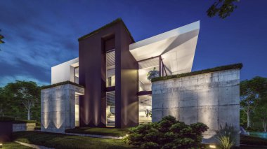 Otoparkı ve havuzu satılık ya da kiralık, beton cepheli ve güzel peyzajlı 3 boyutlu çatı evi. Gökyüzünde bir sürü yıldızla berrak bir yaz gecesi