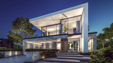 Otoparkı ve havuzu satılık ya da kiralık, beton cepheli ve güzel peyzajlı 3 boyutlu çatı evi. Gökyüzünde bir sürü yıldızla berrak bir yaz gecesi