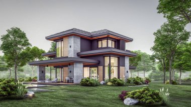 3d rendering of modern two story house with gray and wood accents, large windows, parking space in the right side of the building. Clear summer evening with cozy light from window