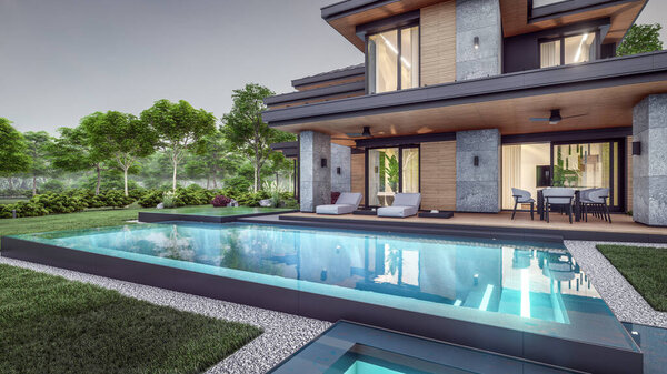 3d rendering of modern two story house with gray and wood accents, large windows, parking space in the right side of the building. Clear summer evening with cozy light from window
