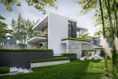 Otoparkı ve havuzu satılık ya da kiralık, beton cepheli ve güzel peyzajlı 3 boyutlu çatı evi. Pencerenin sıcacık ışıklarıyla berrak bir yaz akşamı