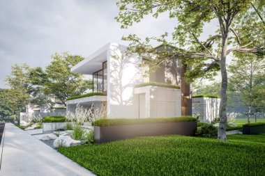 Otoparkı ve havuzu satılık ya da kiralık, beton cepheli ve güzel peyzajlı 3 boyutlu çatı evi. Pencerenin sıcacık ışıklarıyla berrak bir yaz akşamı