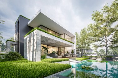 Otoparkı ve havuzu satılık ya da kiralık, beton cepheli ve güzel peyzajlı 3 boyutlu çatı evi. Pencerenin sıcacık ışıklarıyla berrak bir yaz akşamı