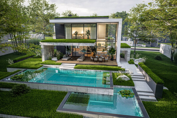 3D рендеринг плоского дома на крыше с парковкой и бассейном для продажи или аренды с бетонным фасадом и красивым ландшафтным дизайном. Ясный летний вечер с уютным светом из окна