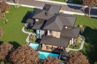 Gri ve ahşap aksanlı modern iki katlı ev, büyük pencereler, binanın sağ tarafında ağaçlar ve çalılarla çevrili park yeri, güz gününde gün ışığı.