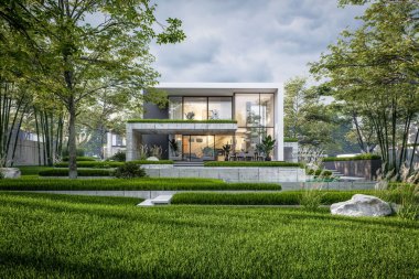 Otoparkı ve havuzu satılık ya da kiralık, beton cepheli ve güzel peyzajlı 3 boyutlu çatı evi. Pencerenin sıcacık ışıklarıyla berrak bir yaz akşamı