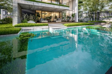 Otoparkı ve havuzu satılık ya da kiralık, beton cepheli ve güzel peyzajlı 3 boyutlu çatı evi. Pencerenin sıcacık ışıklarıyla berrak bir yaz akşamı