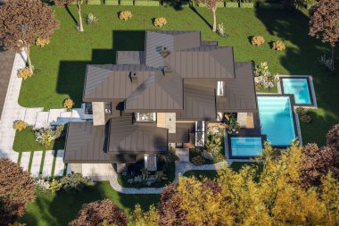 Gri ve ahşap aksanlı modern iki katlı ev, büyük pencereler, binanın sağ tarafında ağaçlar ve çalılarla çevrili park yeri, güz gününde gün ışığı.