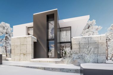 Otoparkı ve havuzu satılık ya da kiralık, beton cepheli ve arka planda güzel peyzajlı üç boyutlu çatı evi. Parlak beyaz karlı serin bir kış günü.