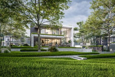 Otoparkı ve havuzu satılık ya da kiralık, beton cepheli ve güzel peyzajlı 3 boyutlu çatı evi. Pencerenin sıcacık ışıklarıyla berrak bir yaz akşamı