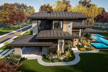 Gri ve ahşap aksanlı modern iki katlı ev, büyük pencereler, binanın sağ tarafında ağaçlar ve çalılarla çevrili park yeri, güz gününde gün ışığı.