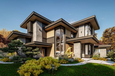 Gri ve ahşap aksanlı modern iki katlı ev, büyük pencereler, binanın sağ tarafında ağaçlar ve çalılarla çevrili park yeri, güz gününde gün ışığı.