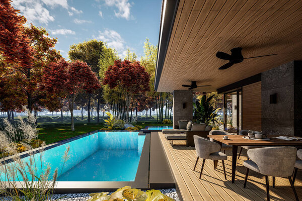 3D рендеринг современного двухэтажного дома с серыми и деревянными акцентами, большие окна, парковочное место в правой части здания, в окружении деревьев и кустарников, дневной свет в осенний день