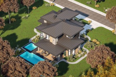 Gri ve ahşap aksanlı modern iki katlı ev, büyük pencereler, binanın sağ tarafında ağaçlar ve çalılarla çevrili park yeri, güz gününde gün ışığı.