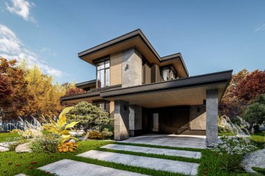 Gri ve ahşap aksanlı modern iki katlı ev, büyük pencereler, binanın sağ tarafında ağaçlar ve çalılarla çevrili park yeri, güz gününde gün ışığı.