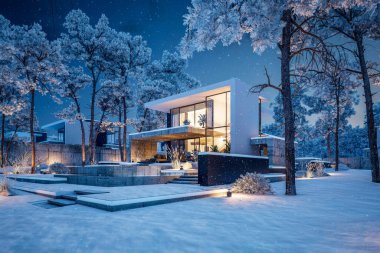 Otoparkı ve havuzu satılık ya da kiralık, beton cepheli ve arka planda güzel peyzajlı üç boyutlu çatı evi. Yıldızlar ve gökyüzünde karla serin kış gecesi