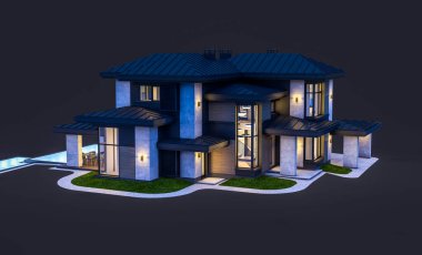 Gri ve ahşap aksanlı, büyük pencereli, gecenin karanlığında binanın sağ tarafındaki park yerinin 3D görüntüsü.