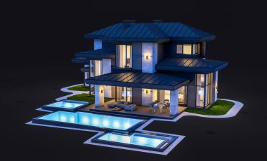 Gri ve ahşap aksanlı, büyük pencereli, gecenin karanlığında binanın sağ tarafındaki park yerinin 3D görüntüsü.