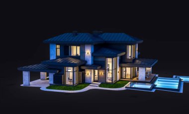 Gri ve ahşap aksanlı, büyük pencereli, gecenin karanlığında binanın sağ tarafındaki park yerinin 3D görüntüsü.