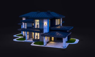 Gri ve ahşap aksanlı, büyük pencereli, gecenin karanlığında binanın sağ tarafındaki park yerinin 3D görüntüsü.