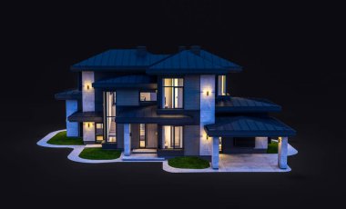 Gri ve ahşap aksanlı, büyük pencereli, gecenin karanlığında binanın sağ tarafındaki park yerinin 3D görüntüsü.