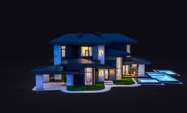 Gri ve ahşap aksanlı, büyük pencereli, gecenin karanlığında binanın sağ tarafındaki park yerinin 3D görüntüsü.