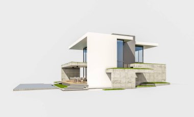 Otoparkı ve havuzu satılık ya da kiralık, beton cepheli ve arka planda güzel peyzajlı üç boyutlu çatı evi. Beyazda izole edilmiş