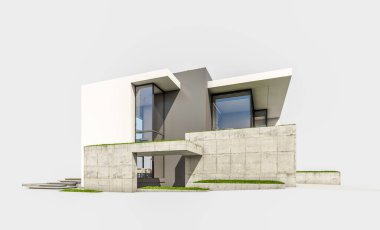 Otoparkı ve havuzu satılık ya da kiralık, beton cepheli ve arka planda güzel peyzajlı üç boyutlu çatı evi. Beyazda izole edilmiş