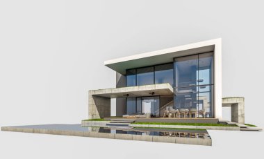 Otoparkı ve havuzu satılık ya da kiralık, beton cepheli ve arka planda güzel peyzajlı üç boyutlu çatı evi. Beyazda izole edilmiş