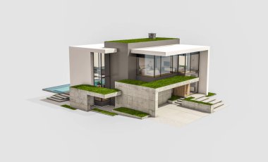 Otoparkı ve havuzu satılık ya da kiralık, beton cepheli ve arka planda güzel peyzajlı üç boyutlu çatı evi. Beyazda izole edilmiş