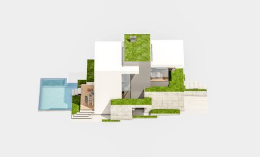 Otoparkı ve havuzu satılık ya da kiralık, beton cepheli ve arka planda güzel peyzajlı üç boyutlu çatı evi. Beyazda izole edilmiş