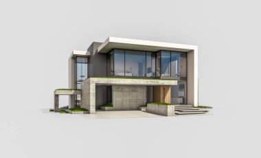 Otoparkı ve havuzu satılık ya da kiralık, beton cepheli ve arka planda güzel peyzajlı üç boyutlu çatı evi. Beyazda izole edilmiş