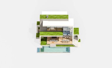 Otoparkı ve havuzu satılık ya da kiralık, beton cepheli ve arka planda güzel peyzajlı üç boyutlu çatı evi. Beyazda izole edilmiş