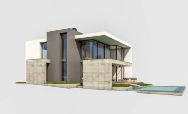 Otoparkı ve havuzu satılık ya da kiralık, beton cepheli ve arka planda güzel peyzajlı üç boyutlu çatı evi. Beyazda izole edilmiş