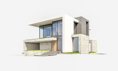 Otoparkı ve havuzu satılık ya da kiralık, beton cepheli ve arka planda güzel peyzajlı üç boyutlu çatı evi. Beyazda izole edilmiş