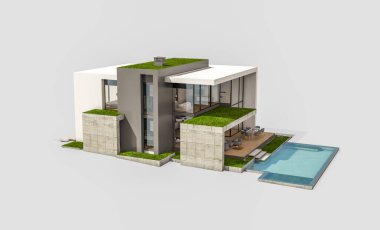 Otoparkı ve havuzu satılık ya da kiralık, beton cepheli ve arka planda güzel peyzajlı üç boyutlu çatı evi. Beyazda izole edilmiş