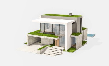 Otoparkı ve havuzu satılık ya da kiralık, beton cepheli ve arka planda güzel peyzajlı üç boyutlu çatı evi. Beyazda izole edilmiş