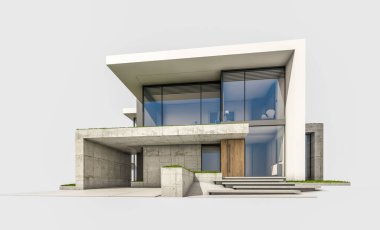 Otoparkı ve havuzu satılık ya da kiralık, beton cepheli ve arka planda güzel peyzajlı üç boyutlu çatı evi. Beyazda izole edilmiş