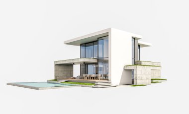 Otoparkı ve havuzu satılık ya da kiralık, beton cepheli ve arka planda güzel peyzajlı üç boyutlu çatı evi. Beyazda izole edilmiş