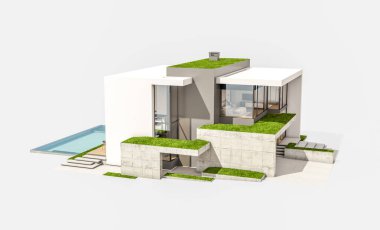 Otoparkı ve havuzu satılık ya da kiralık, beton cepheli ve arka planda güzel peyzajlı üç boyutlu çatı evi. Beyazda izole edilmiş