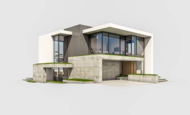 Otoparkı ve havuzu satılık ya da kiralık, beton cepheli ve arka planda güzel peyzajlı üç boyutlu çatı evi. Beyazda izole edilmiş