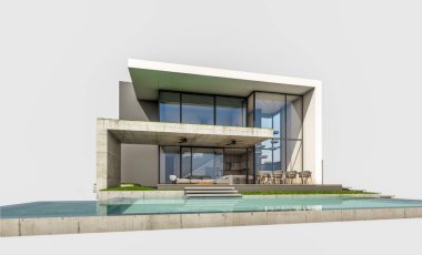 Otoparkı ve havuzu satılık ya da kiralık, beton cepheli ve arka planda güzel peyzajlı üç boyutlu çatı evi. Beyazda izole edilmiş