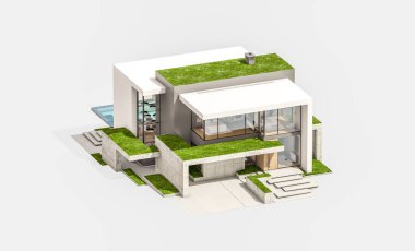 Otoparkı ve havuzu satılık ya da kiralık, beton cepheli ve arka planda güzel peyzajlı üç boyutlu çatı evi. Beyazda izole edilmiş