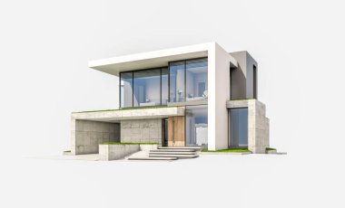 Otoparkı ve havuzu satılık ya da kiralık, beton cepheli ve arka planda güzel peyzajlı üç boyutlu çatı evi. Beyazda izole edilmiş