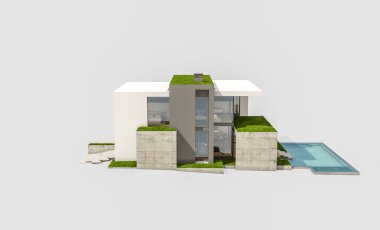 Otoparkı ve havuzu satılık ya da kiralık, beton cepheli ve arka planda güzel peyzajlı üç boyutlu çatı evi. Beyazda izole edilmiş