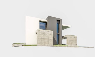 Otoparkı ve havuzu satılık ya da kiralık, beton cepheli ve arka planda güzel peyzajlı üç boyutlu çatı evi. Beyazda izole edilmiş