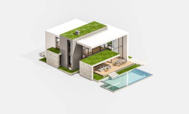 Otoparkı ve havuzu satılık ya da kiralık, beton cepheli ve arka planda güzel peyzajlı üç boyutlu çatı evi. Beyazda izole edilmiş