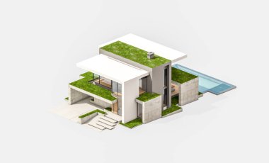 Otoparkı ve havuzu satılık ya da kiralık, beton cepheli ve arka planda güzel peyzajlı üç boyutlu çatı evi. Beyazda izole edilmiş