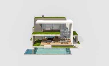 Otoparkı ve havuzu satılık ya da kiralık, beton cepheli ve arka planda güzel peyzajlı üç boyutlu çatı evi. Beyazda izole edilmiş