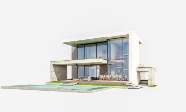 Otoparkı ve havuzu satılık ya da kiralık, beton cepheli ve arka planda güzel peyzajlı üç boyutlu çatı evi. Beyazda izole edilmiş